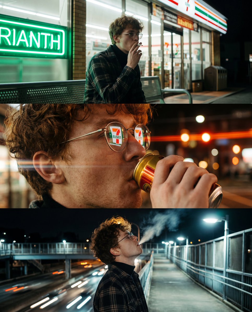 A vertical triptych of three cinematic, night-time urban photographs fe…
