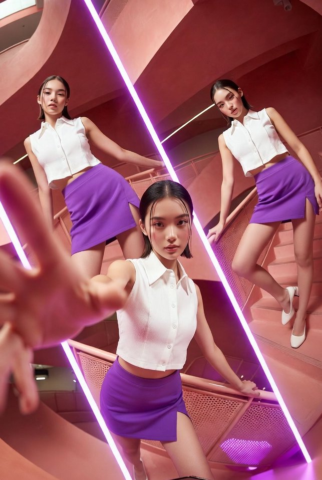 A vibrant, high-fashion commercial photoshoot featuring a young stylish…