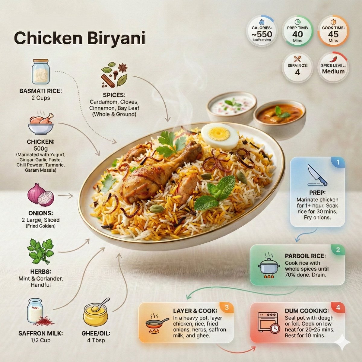 Ultra-clean modern recipe infographic. Showcase briyani in a visually a…
