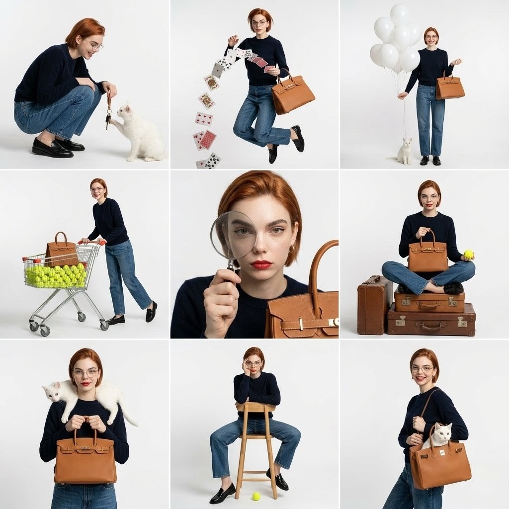 studio fashion collage, 3x3 grid layout, same subject repeated in diffe…