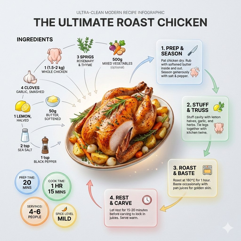 Ultra-clean modern recipe infographic. Showcase Roast chicken in a visu…