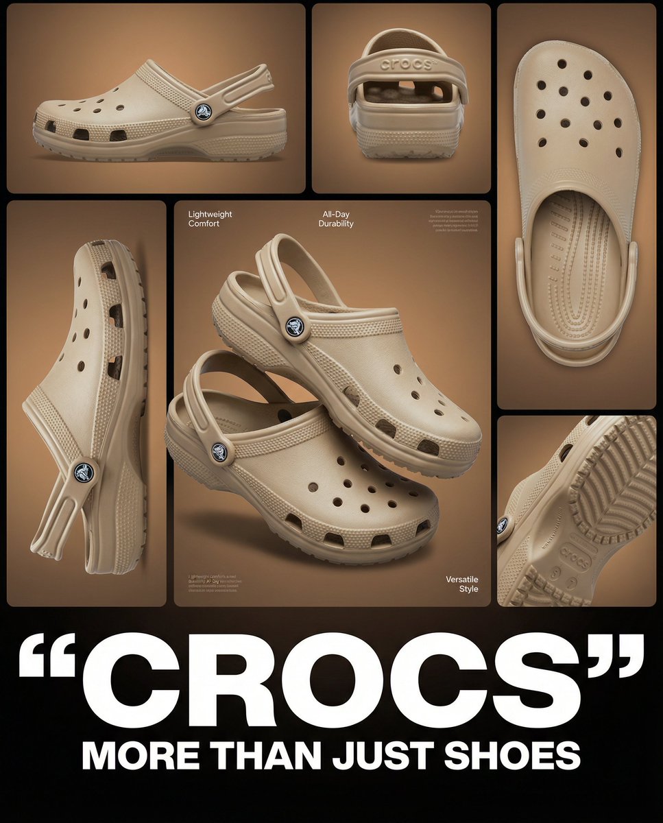 Multi-image product collage poster featuring beige/tan Crocs clog shoes…