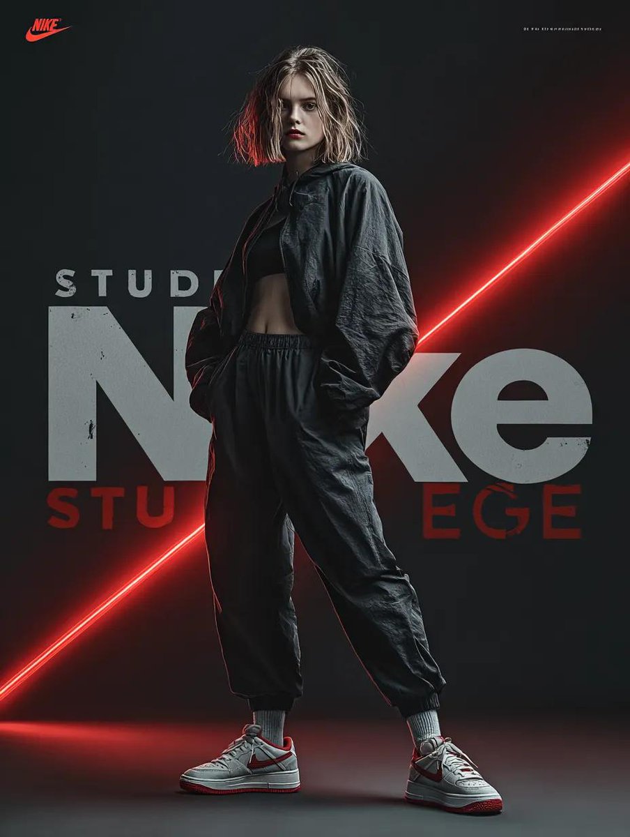 A dynamic fashion advertisement for Nike showing a hyper-realistic mode…