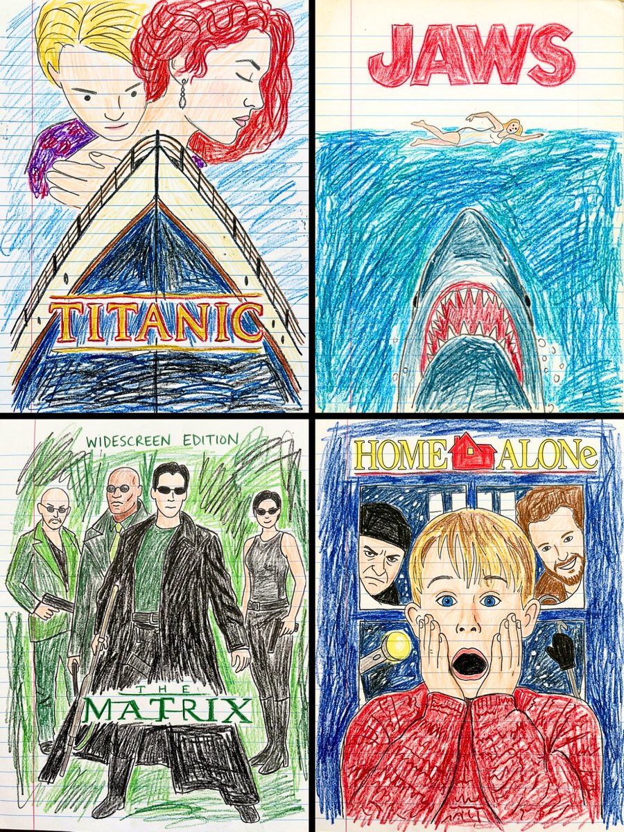 Transform this movie poster into a child’s crayon drawing on lined note…