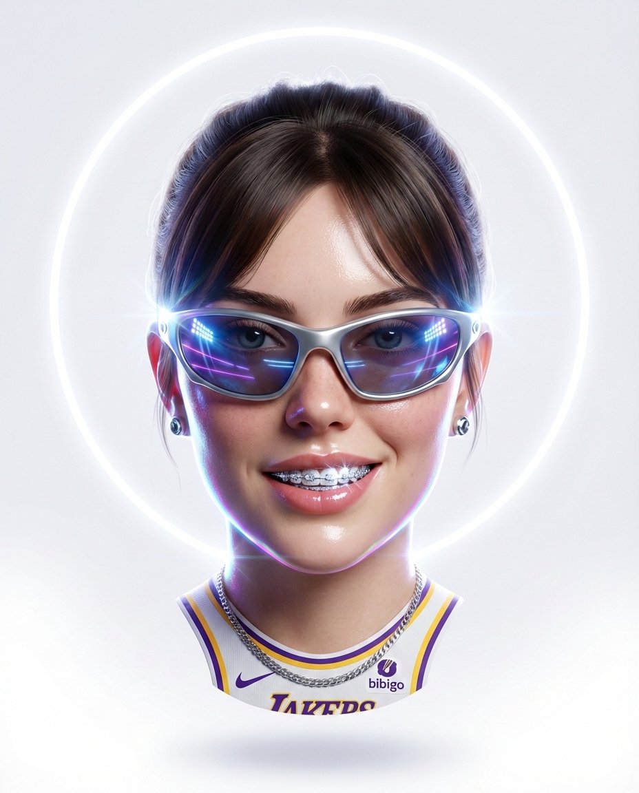 Hyper-stylized dynamic 3D floating head portrait of the attached refere…