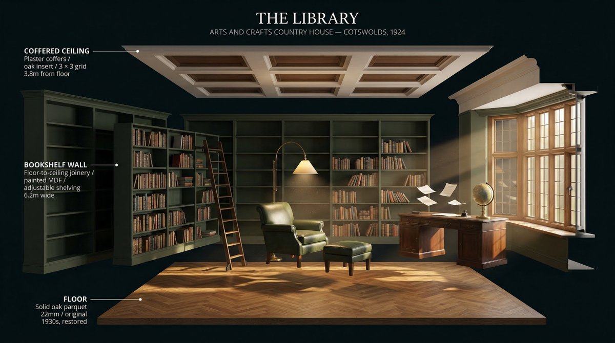 [ROOM TYPE] pulled apart in 3D, every surface and object floating at it…