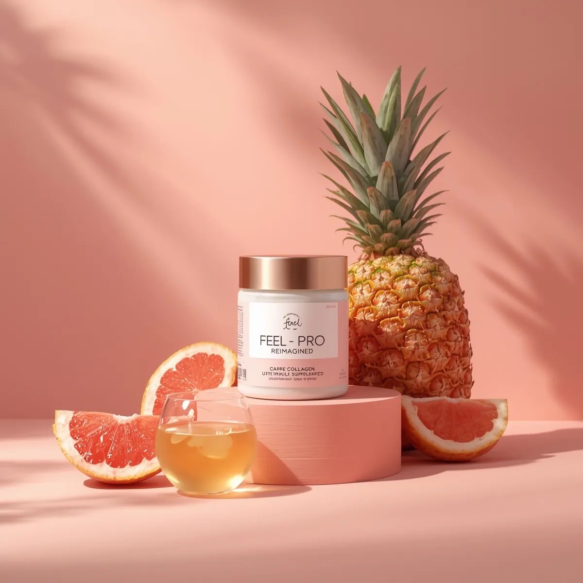 Minimalist luxury product photography of a collagen supplement jar plac…