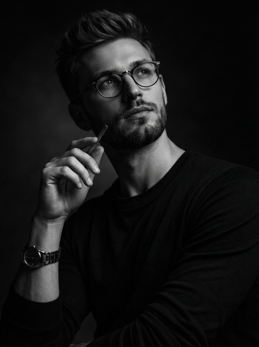 A dramatic black and white studio portrait of a thoughtful man with sho…