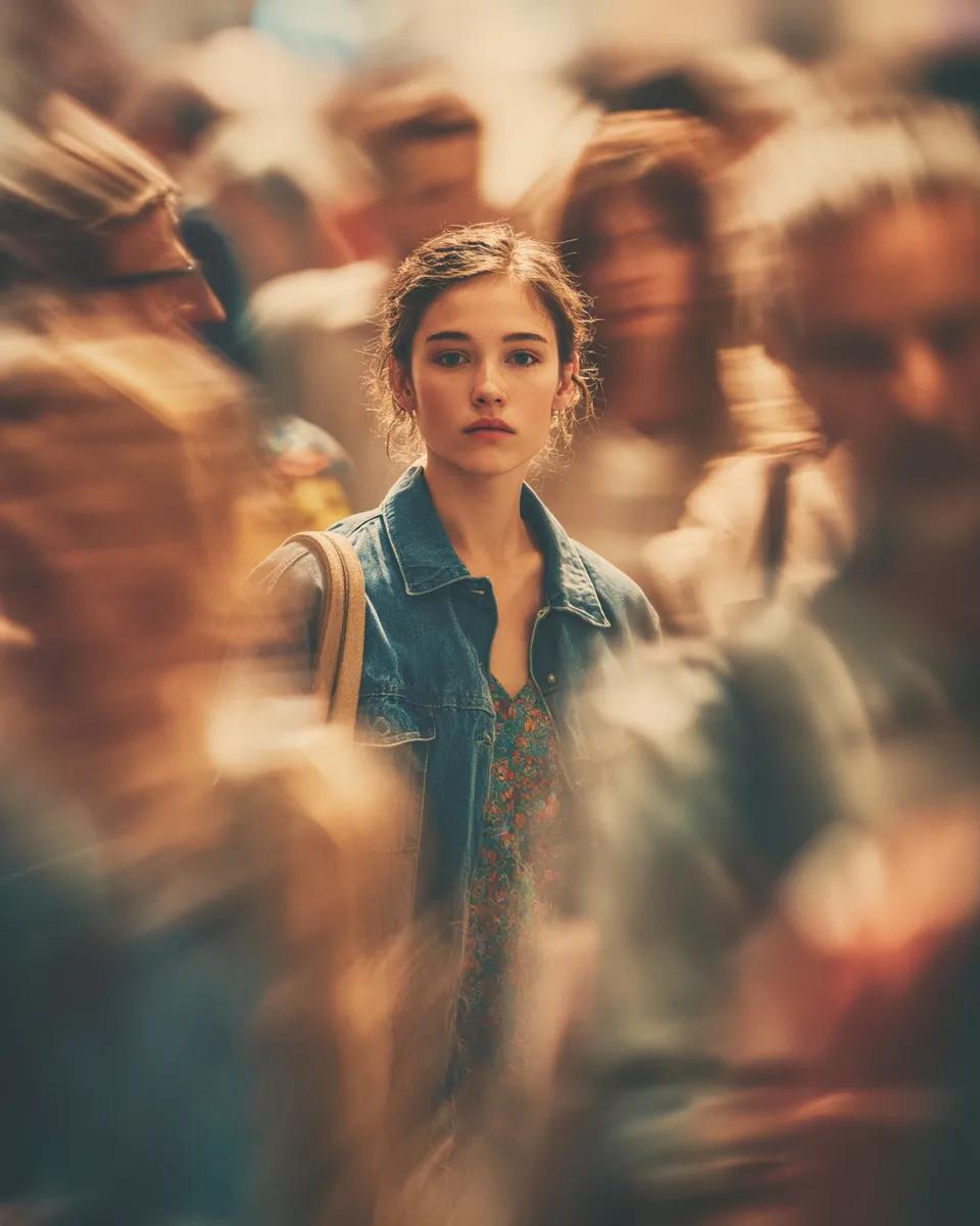 Cinematic portrait of a young person standing still in the middle of a …