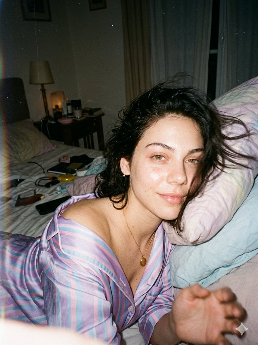 A candid disposable-camera snapshot of the same subject in the attached…