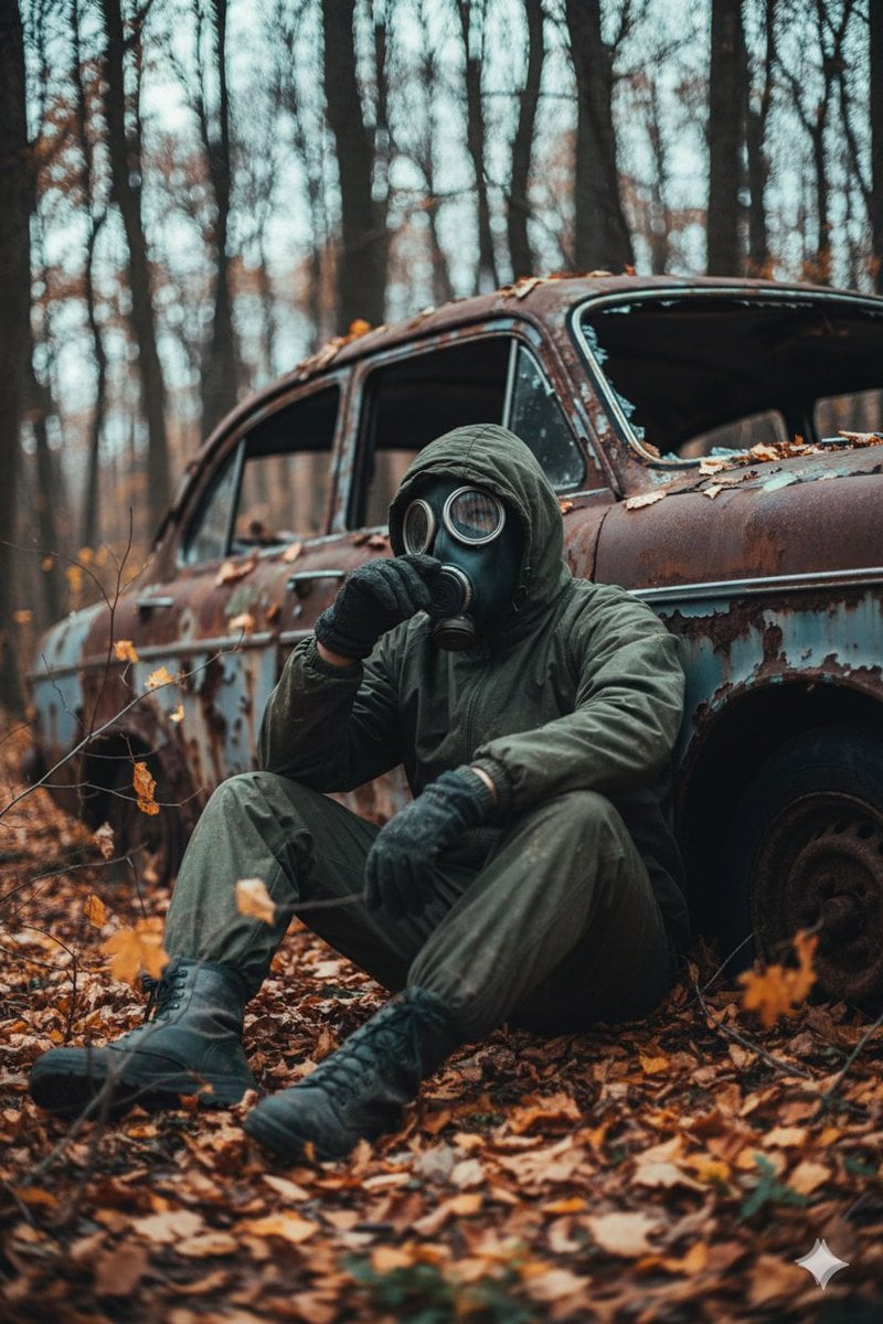 A cinematic, ultra realistic post apocalyptic scene of a lone survivor …
