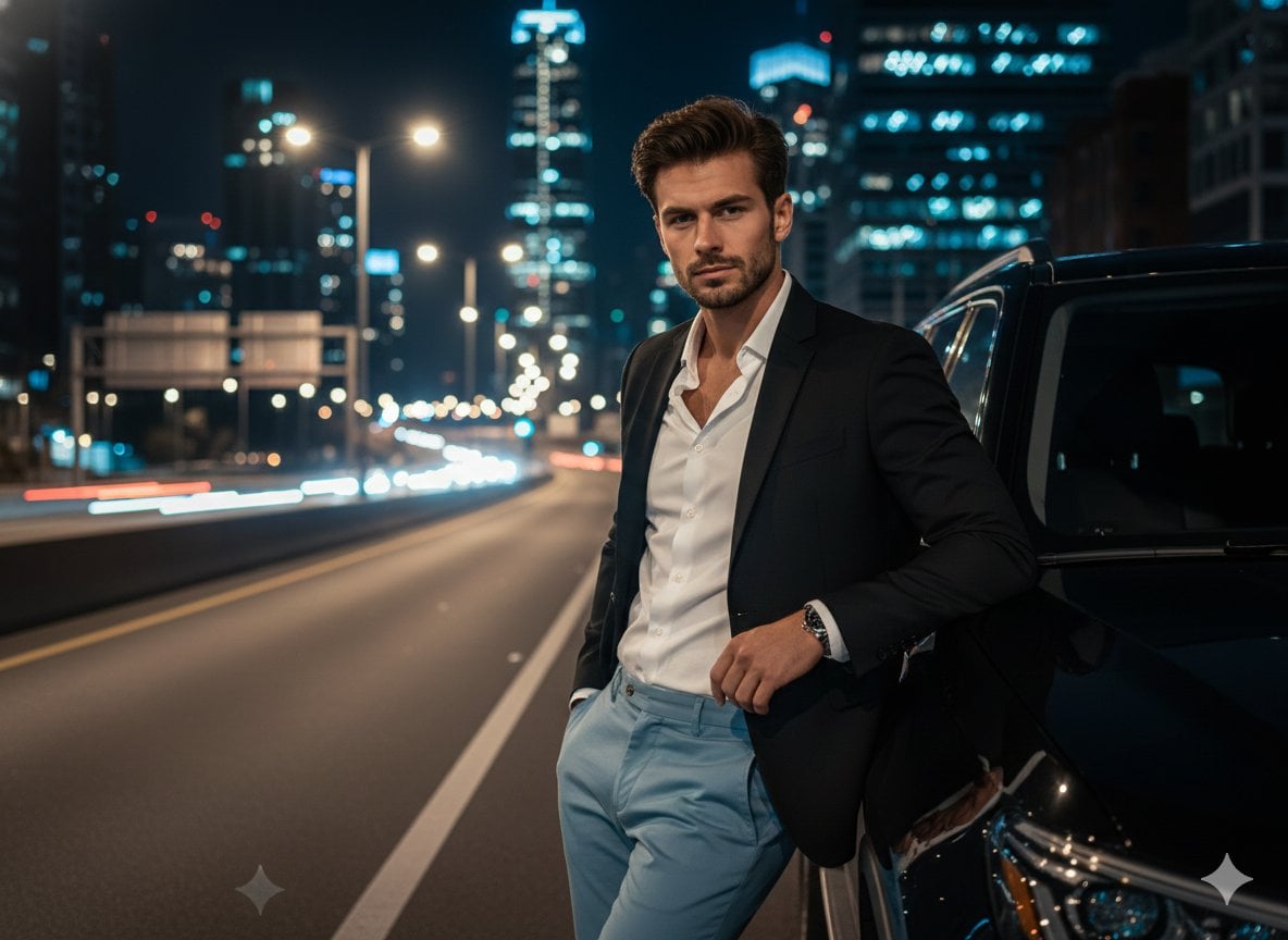 A cinematic night-time urban portrait of a confident, handsome man lean…