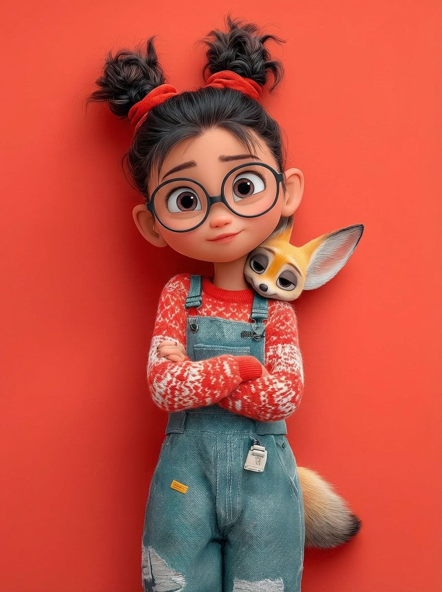 A cute 3D Pixar-style character portrait of a little girl with big expr…