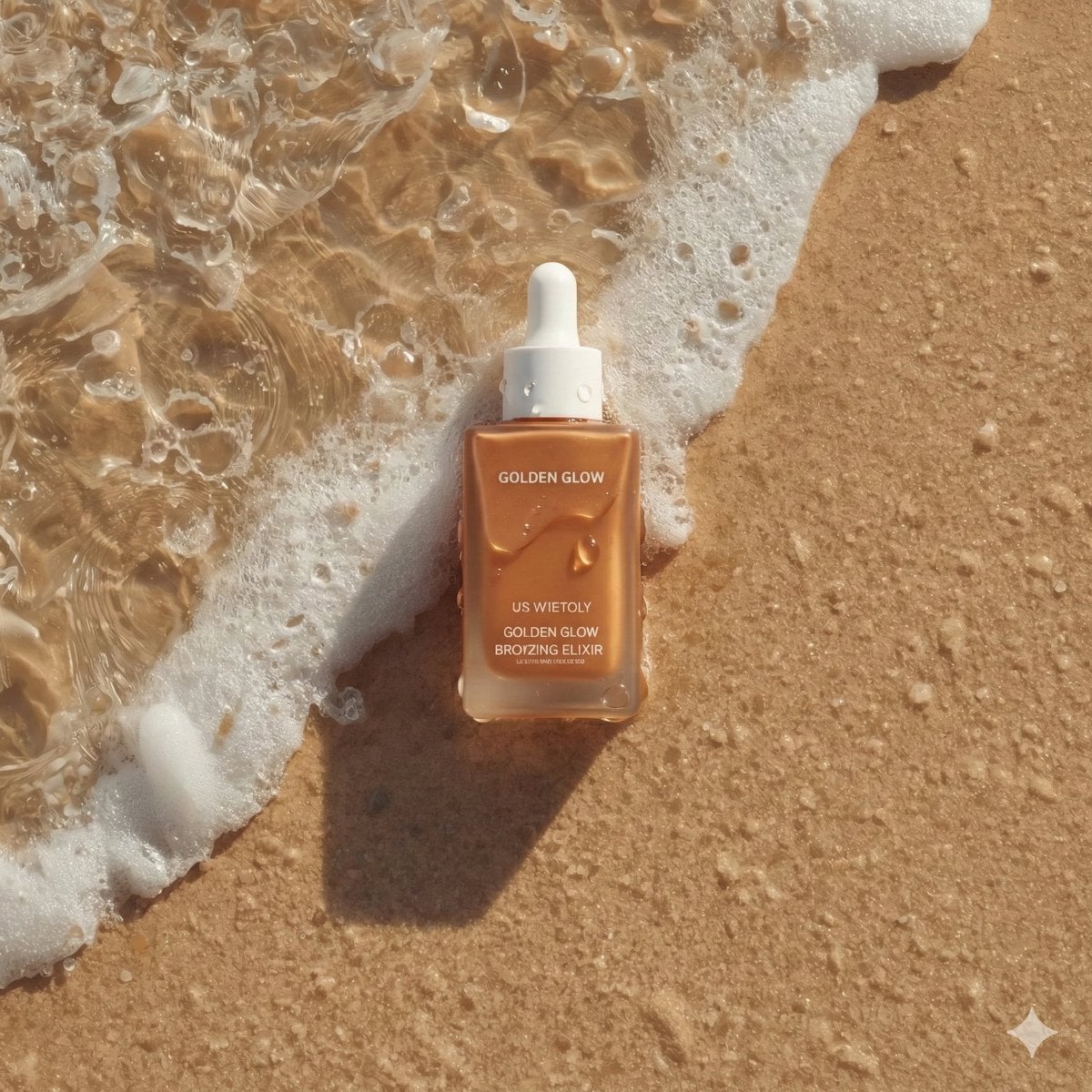 Ultra-realistic summer skincare product photography of a bronzing drop …
