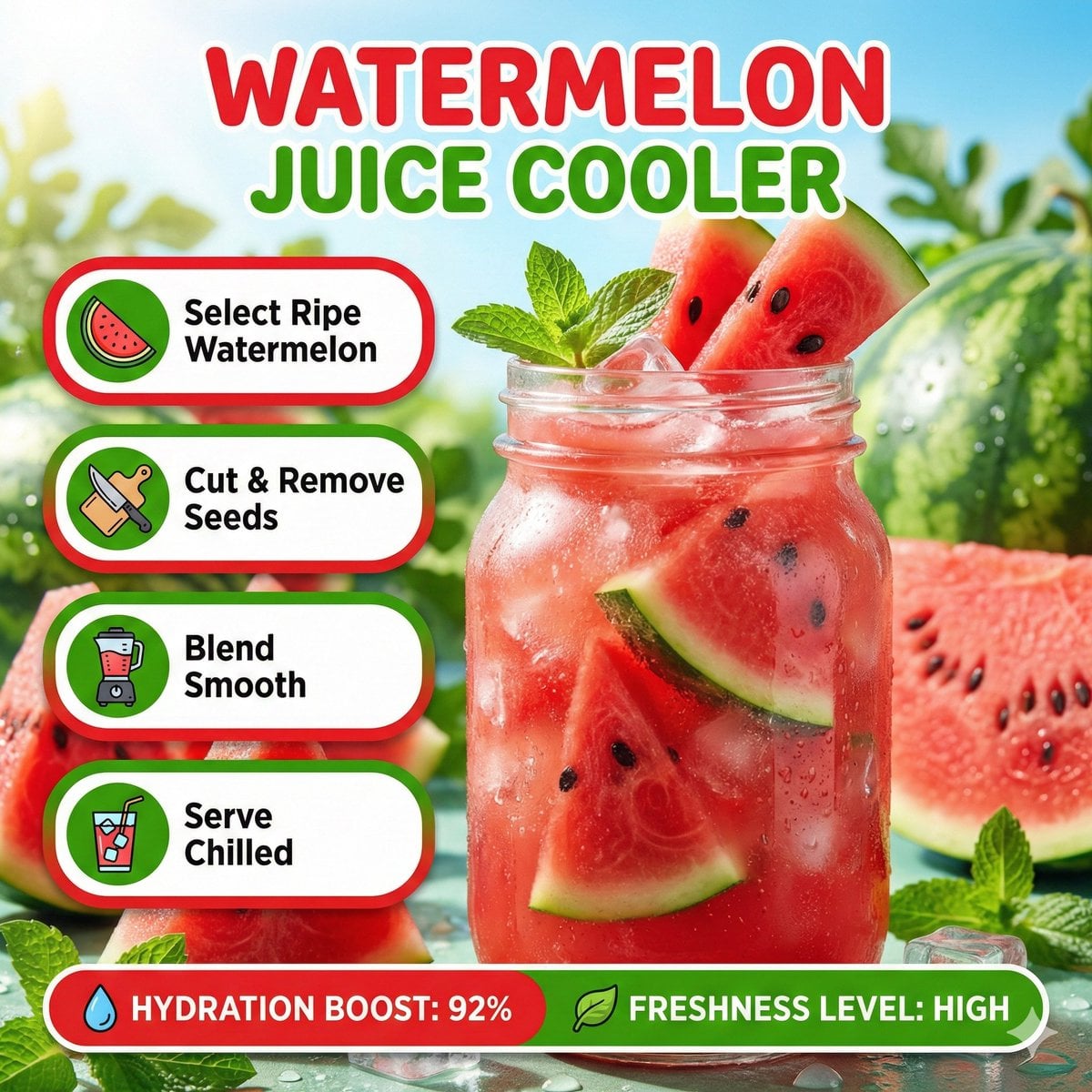 Bright summer infographic showcasing watermelon juice, icy texture, wat…