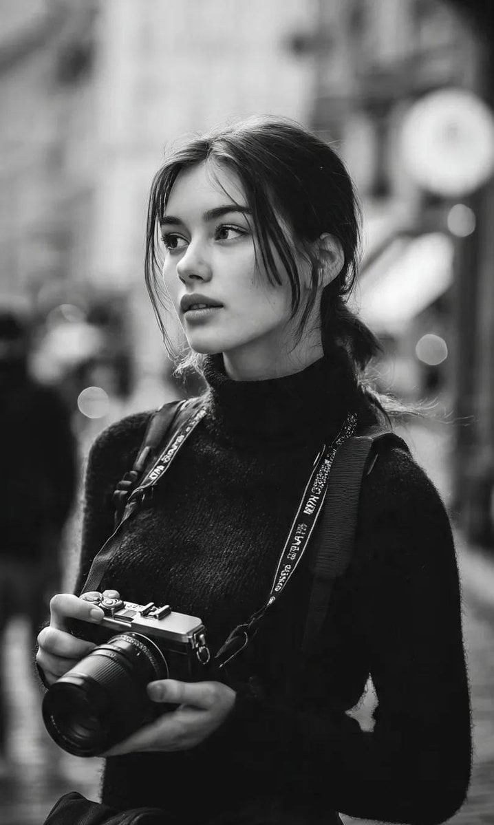 A cinematic black-and-white street portrait of a young woman photograph…