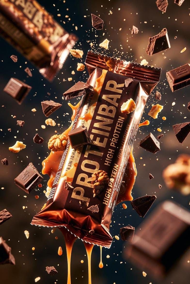 Ultra-cinematic product photography of a premium protein bar wrapped in…
