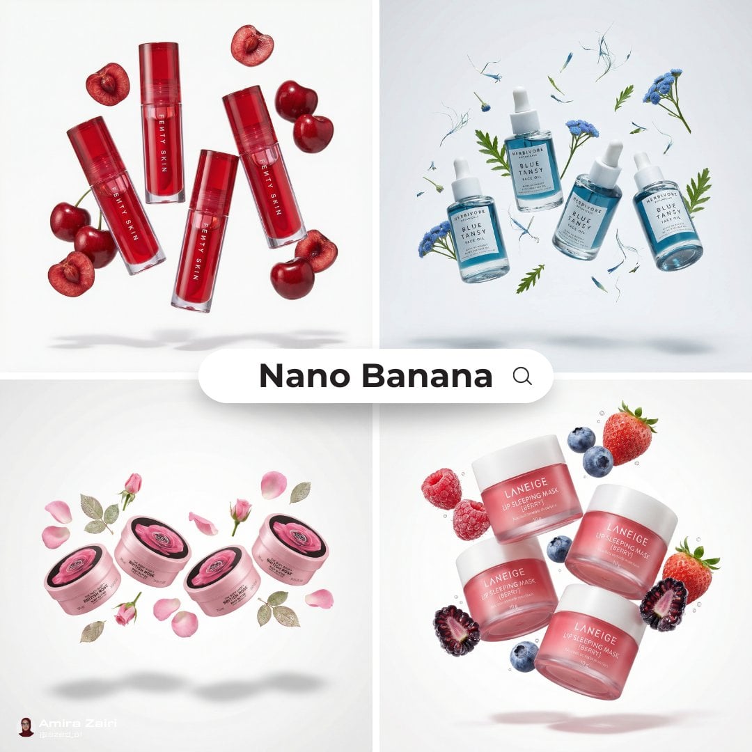 [product], 3–4 identical units of the product floating in mid-air, surr…