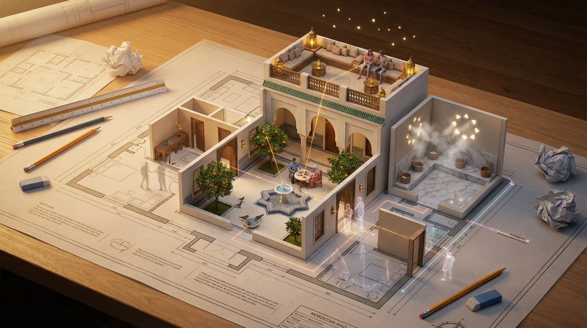 An architectural floor plan of {BUILDING_TYPE} spread across a drafting…
