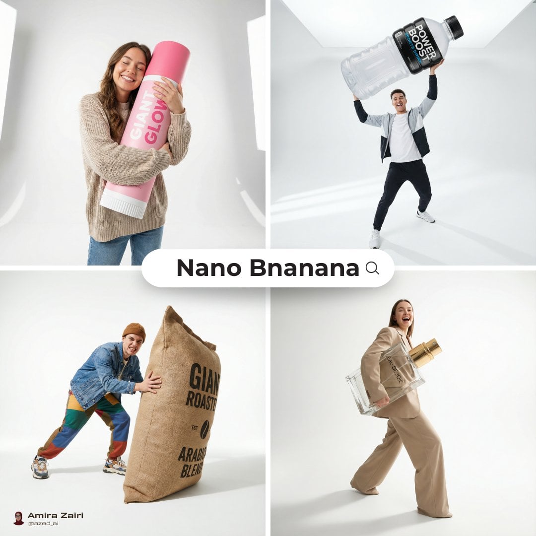 [person], [pose], oversized product in the attached image as the main h…