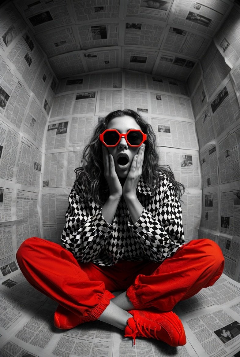 Hyper-realistic editorial photo shot at eye level with a 12mm ultra-wid…