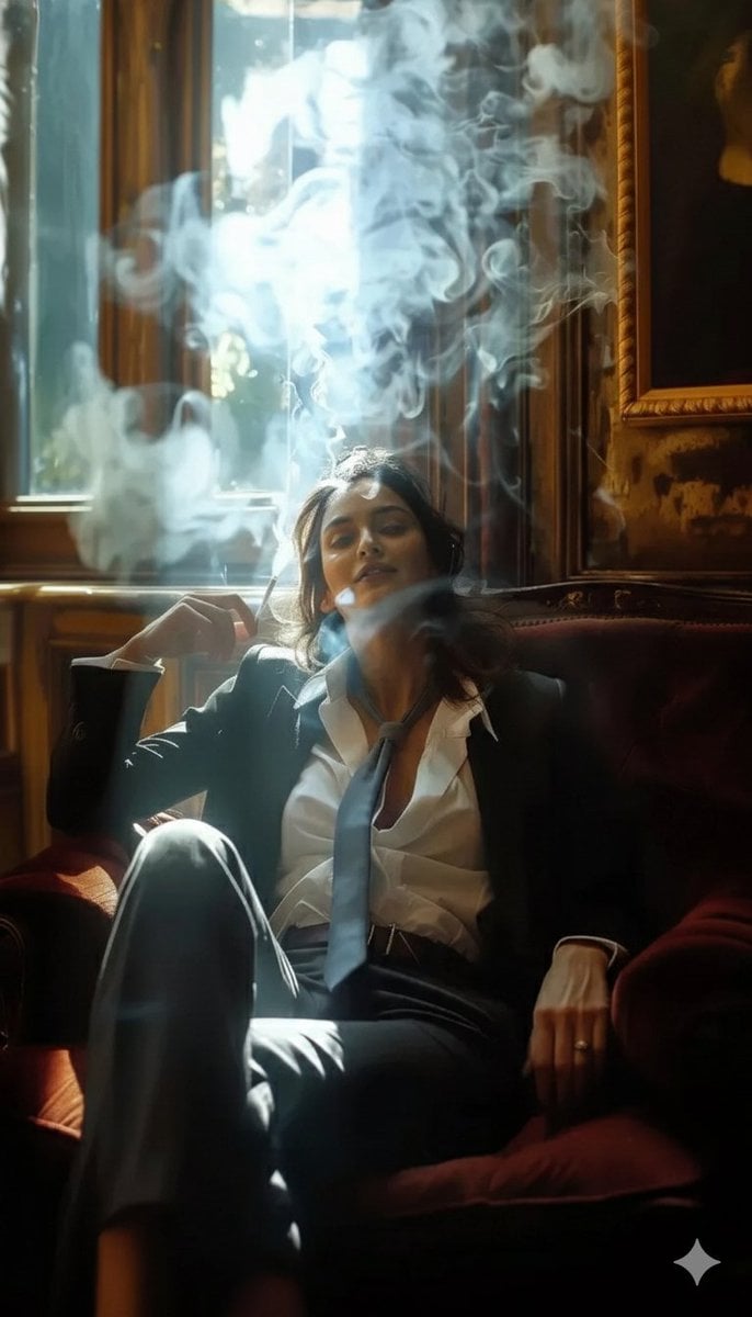 ​A high-definition cinematic portrait of a sophisticated woman sitting …