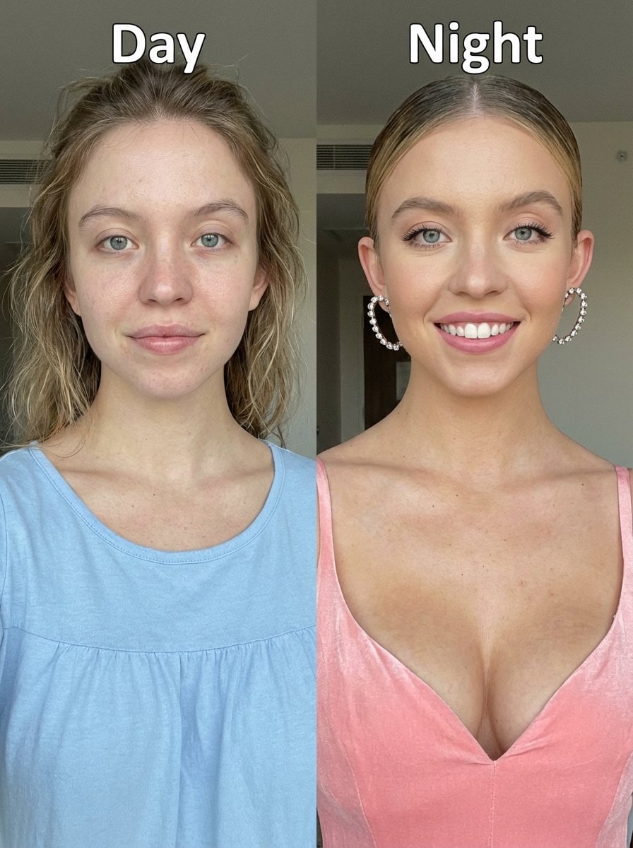 Before-and-after upper-body portrait photo of Sydney Sweeney, smiling i…