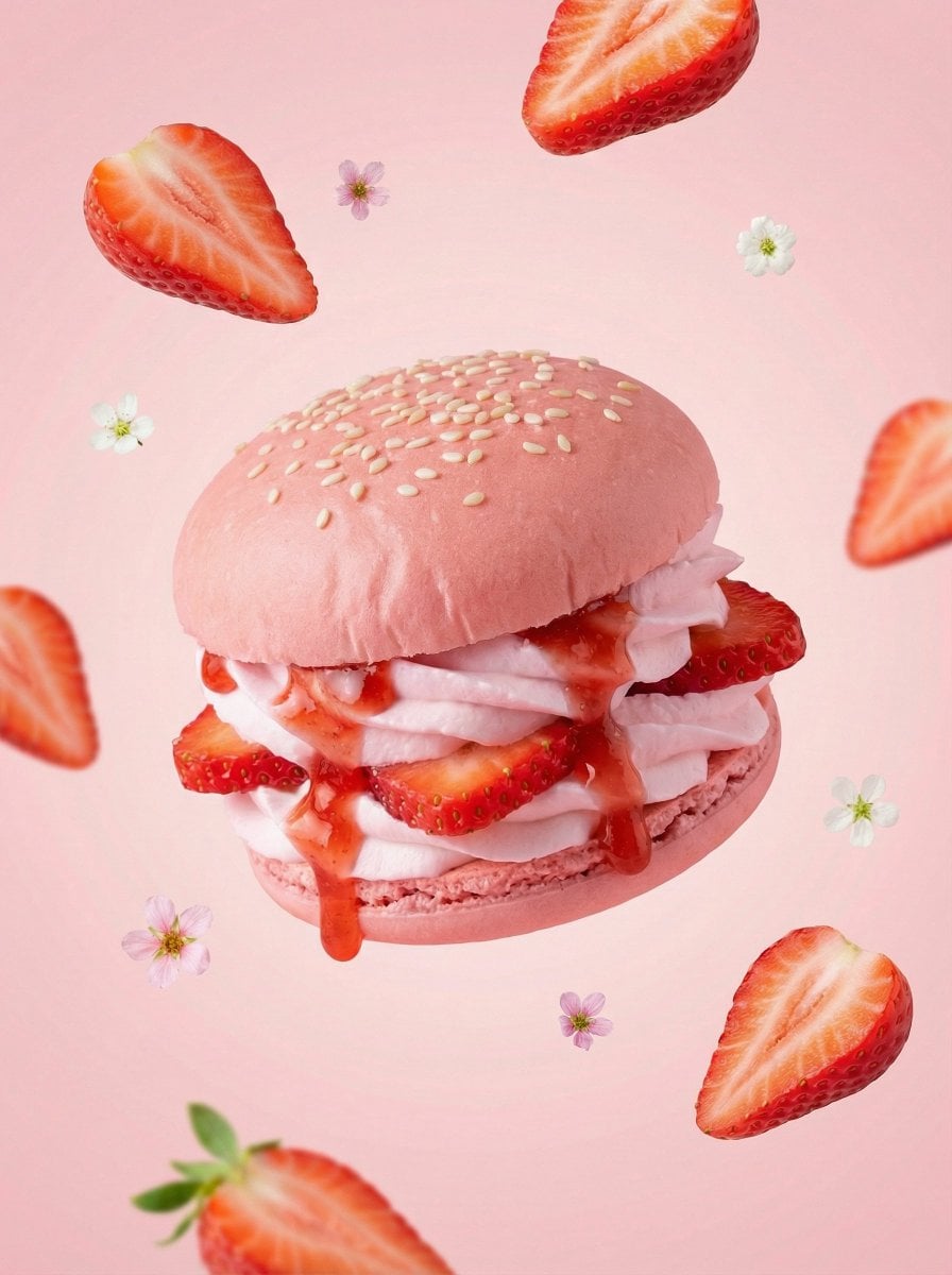 A hyper-realistic {FRUIT} dessert burger, centered composition, soft pa…