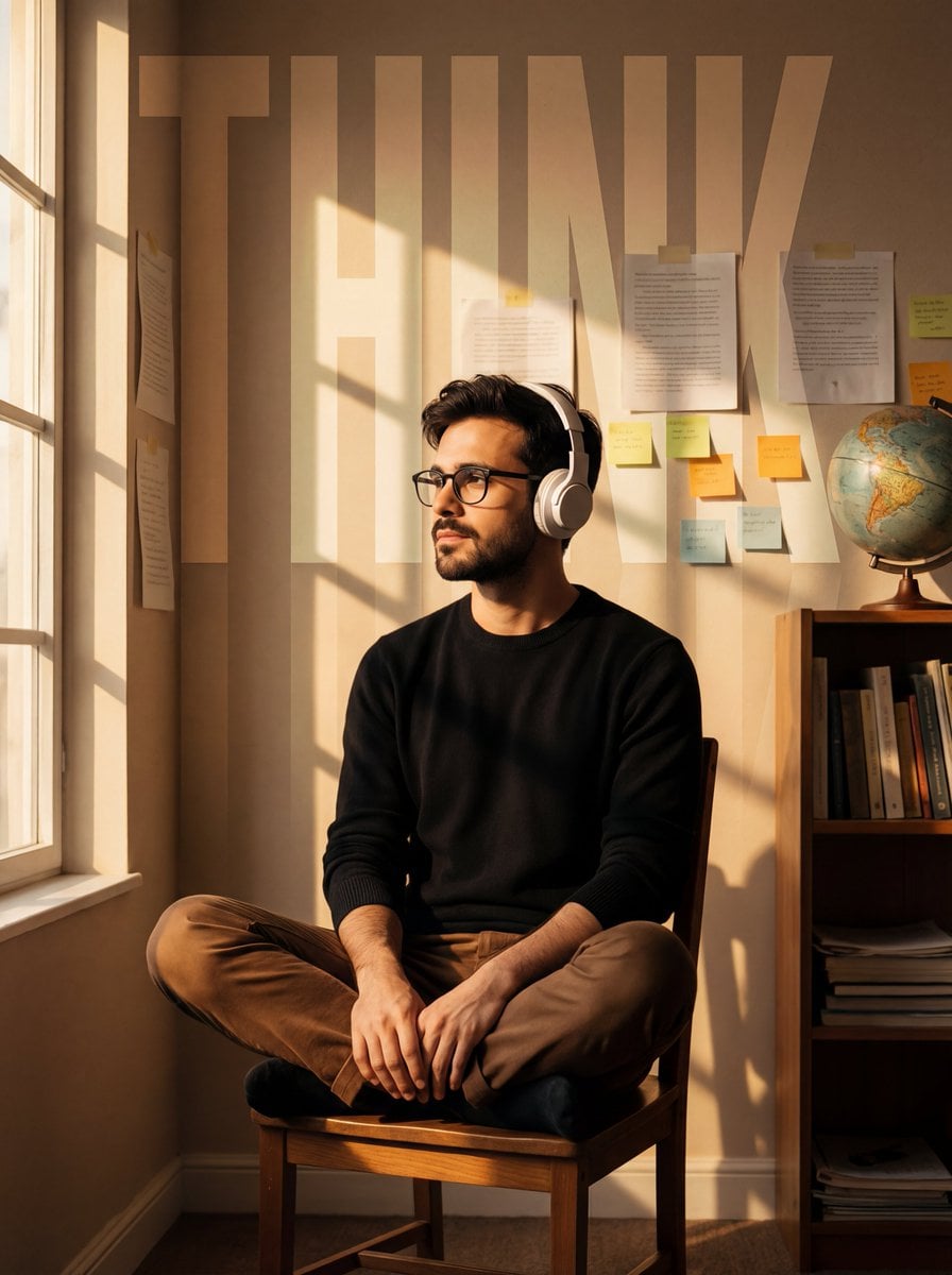 A cinematic portrait of a young man in the uploaded image sitting cross…