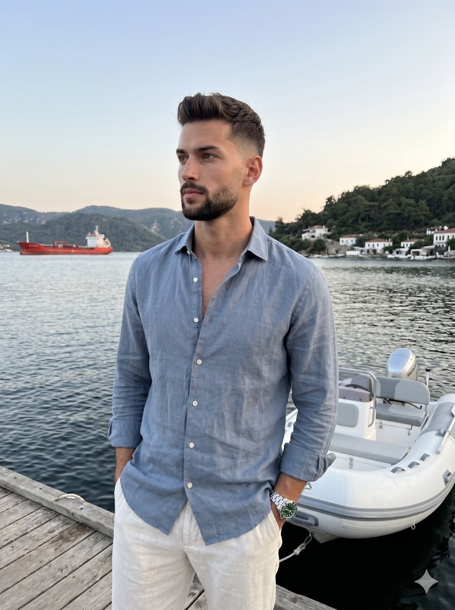 A serene, realistic lifestyle portrait captures a man in his late twent…
