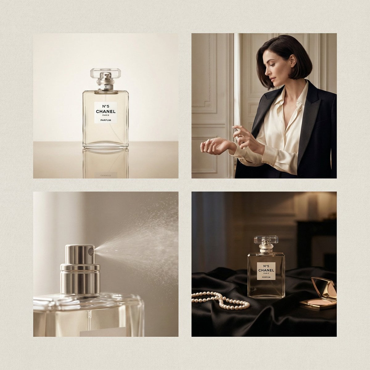 2×2 grid luxury perfume advertisement for Chanel perfume, four distinct…