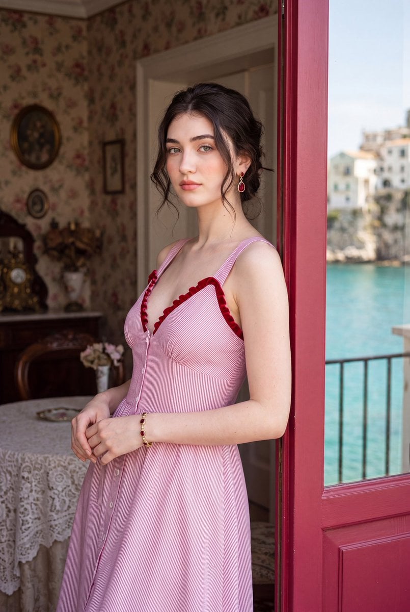 Photorealistic romantic European travel editorial portrait of a beautif…
