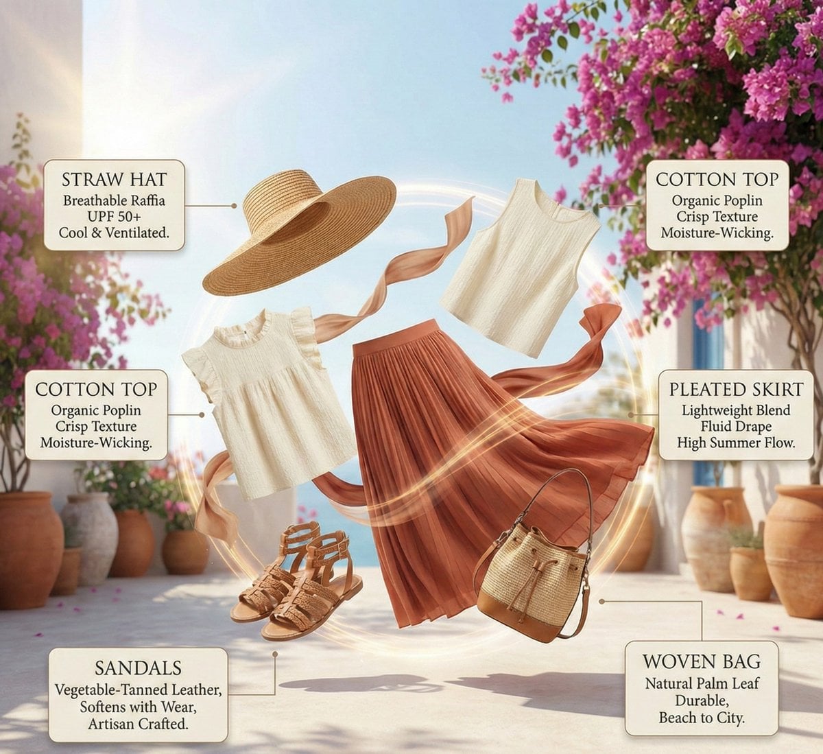 High-fashion summer outfit infographic with color-coordinated floating …