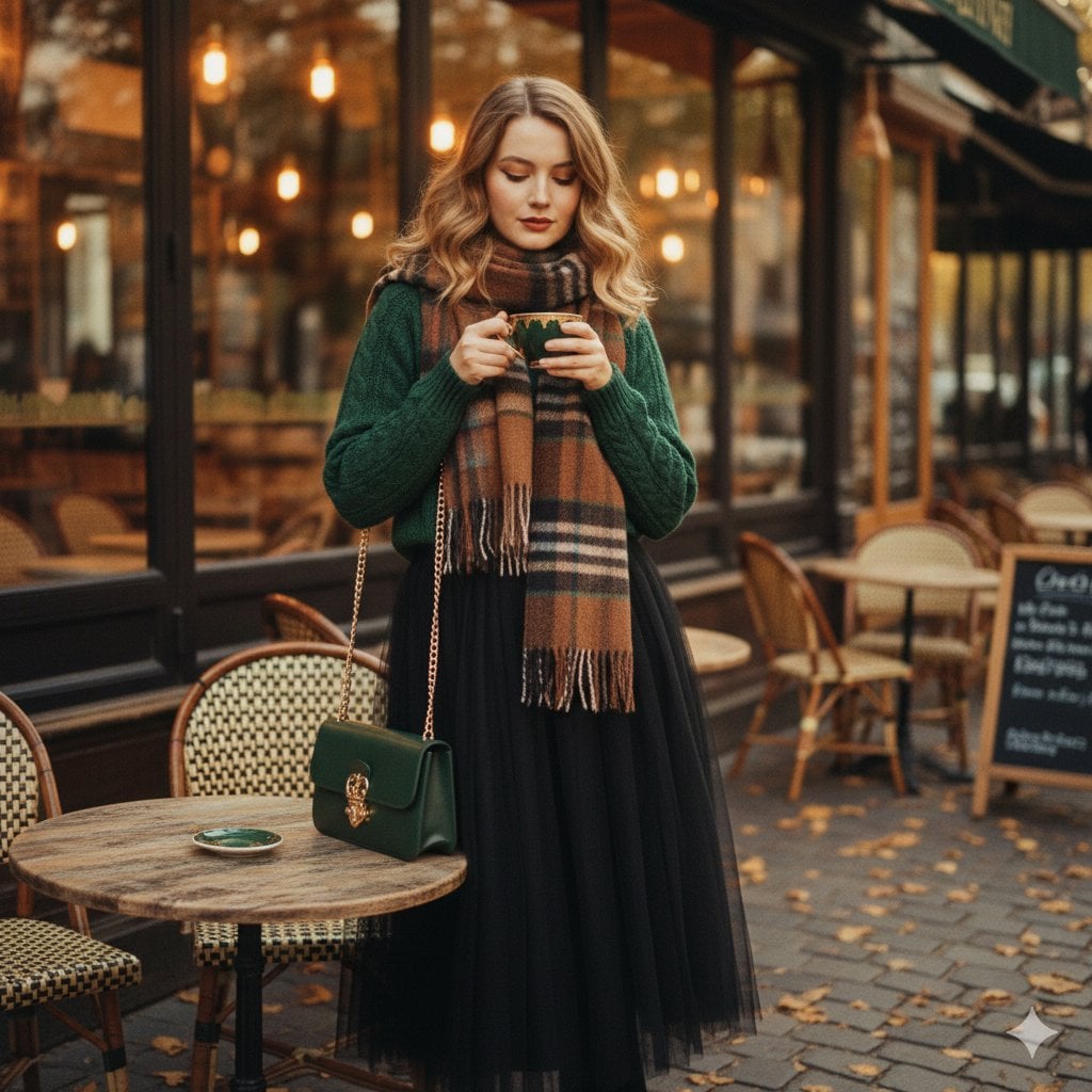 A cinematic 1970s-inspired fashion portrait of a graceful young woman s…