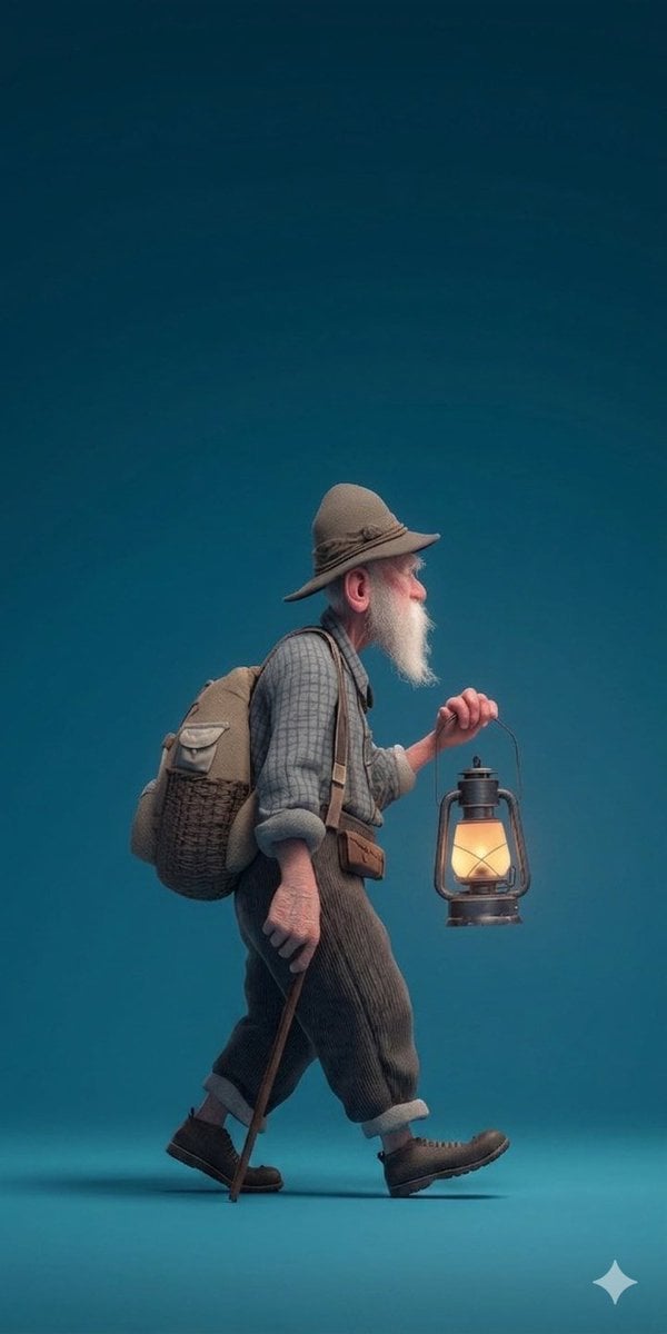 ​A stylized 3D rendered full-body profile portrait of an elderly male h…