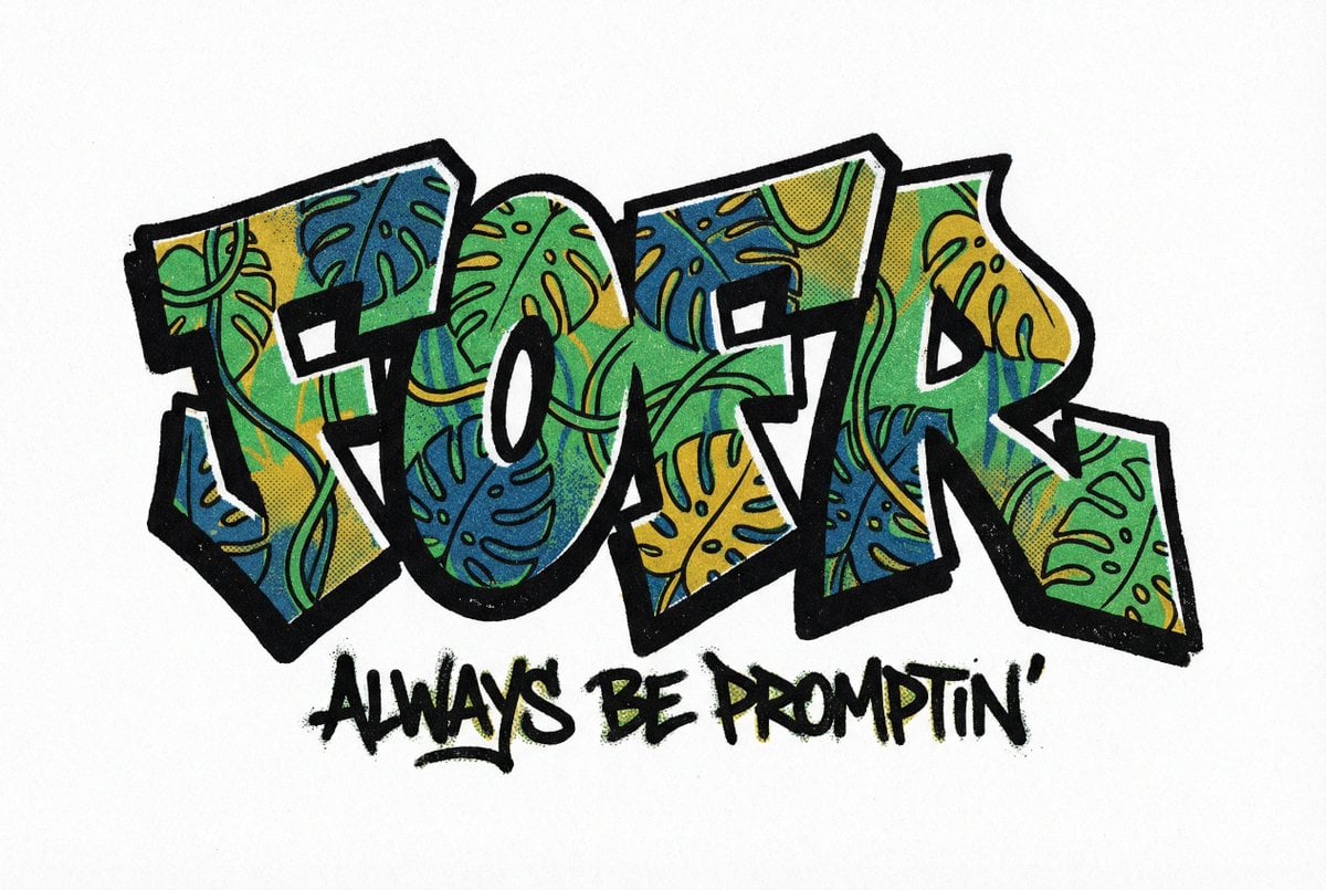 The word fofr as aggressive hard-edge graffiti with a monstera leaf mot…
