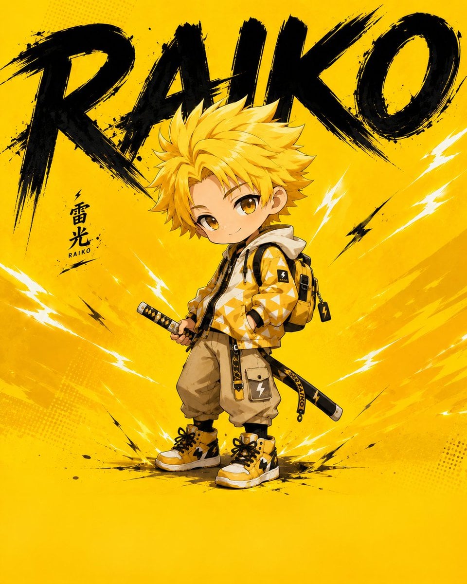 Wide chibi anime poster composition, young boy character with spiky yel…