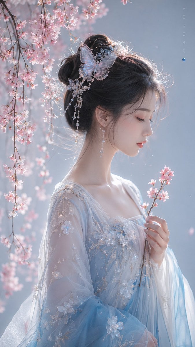 一位清冷古风少女侧脸半身人像，黑色盘发，发间有半透明蝶形发饰，闭眼或微垂眼，神情安静温柔，手中轻托一枝粉色樱花，头顶与画面左侧垂落樱花枝条，身…
