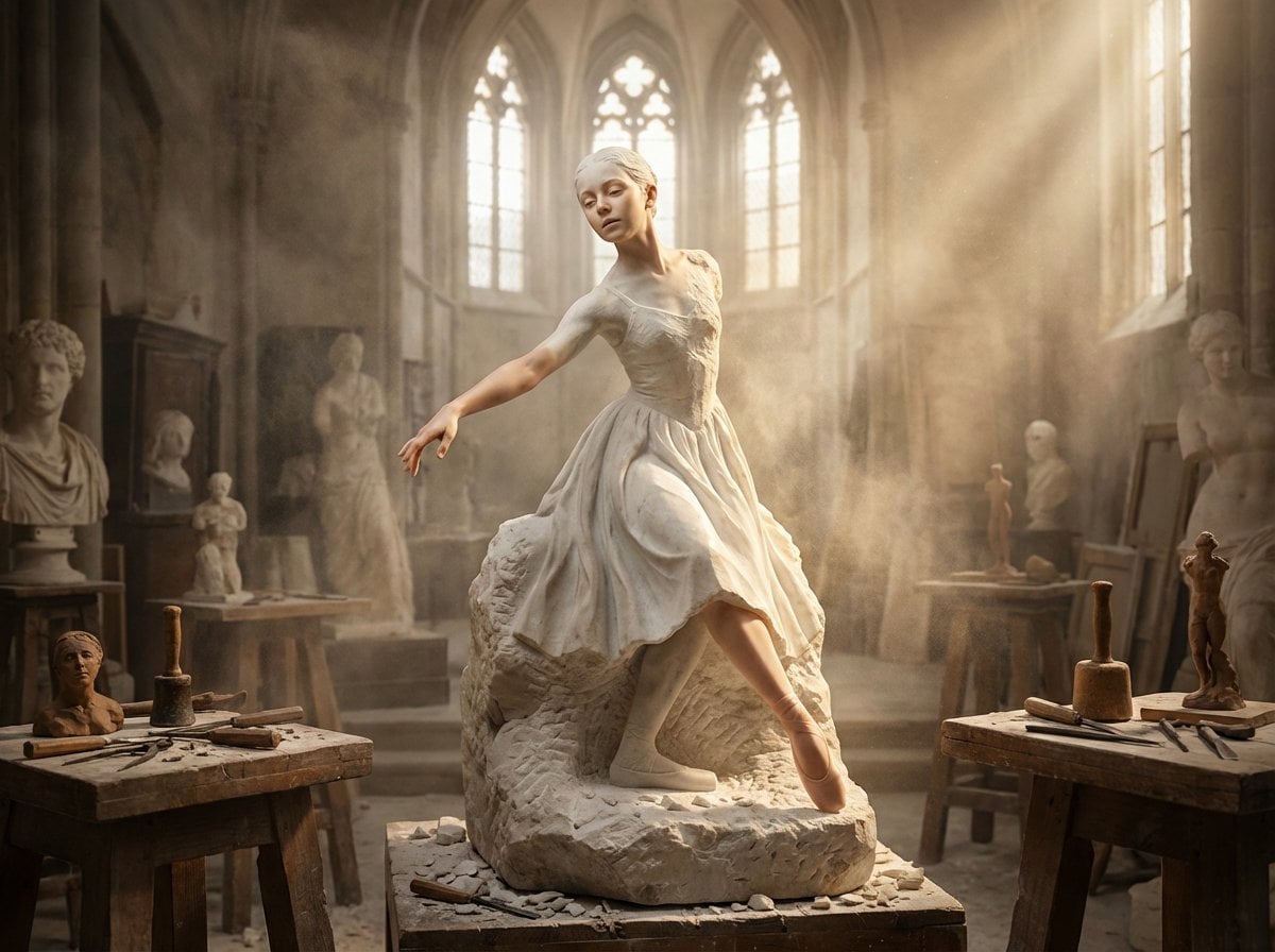 A half-finished marble sculpture in a dusty Renaissance workshop, with …