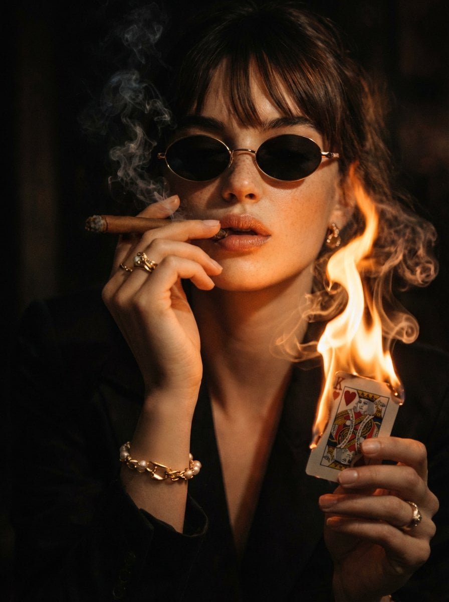 A cinematic, moody portrait of a stylish women in dark suit and oval su…