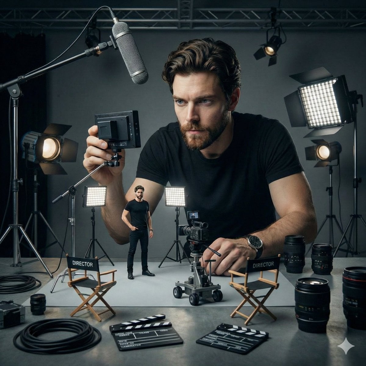 Ultra-realistic cinematic studio scene of a woman supervising a miniatu…