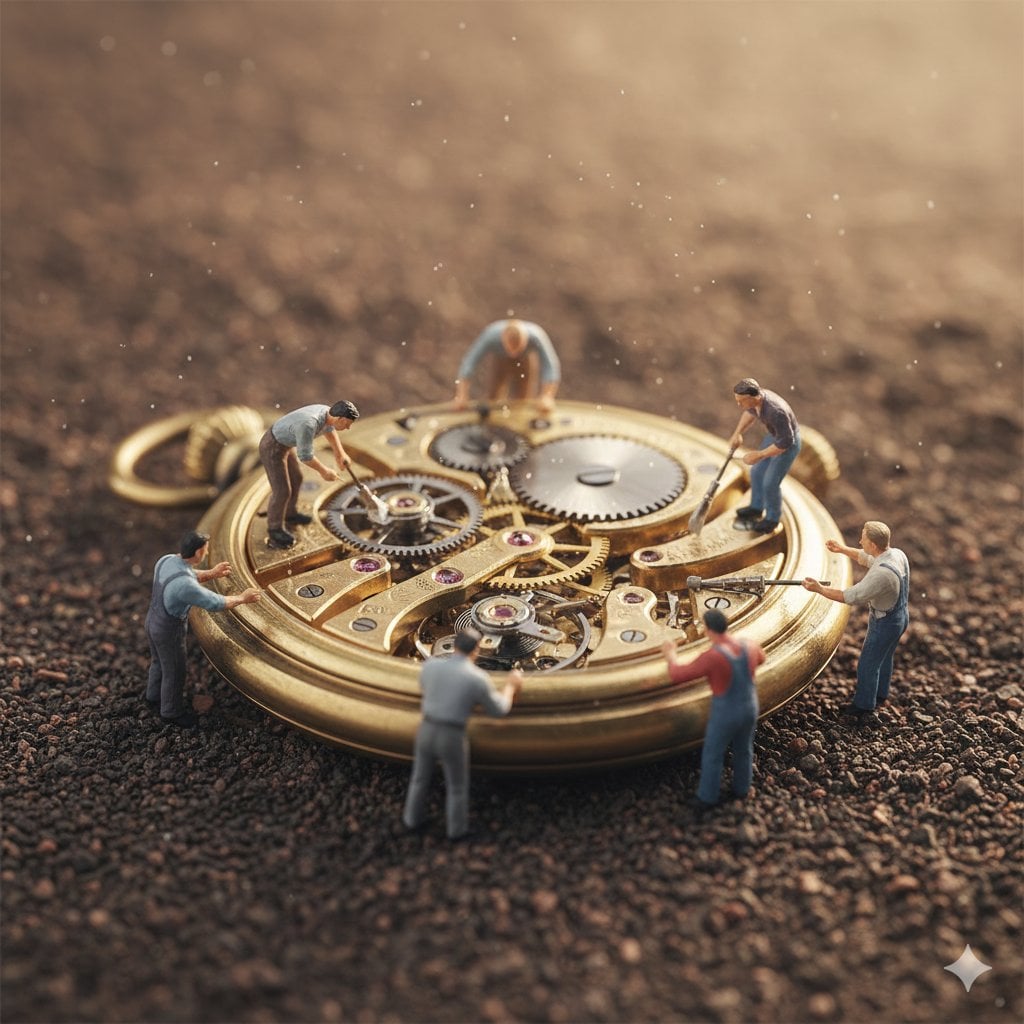 { "prompt": "Ultra-realistic macro scene depicting tiny restoration wor…