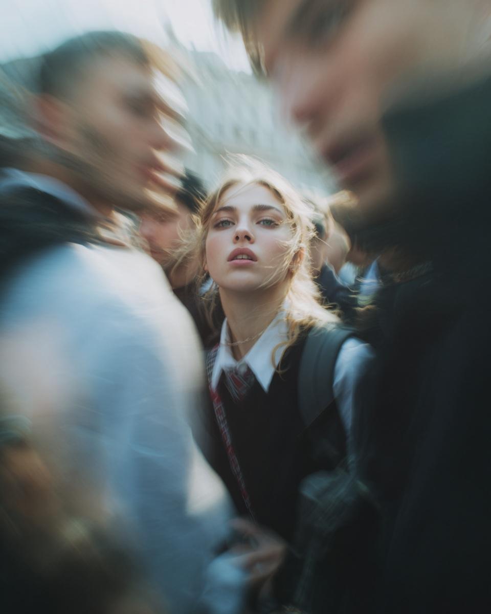 Paparazzi-style extreme close-up photo of a woman with striking facial …