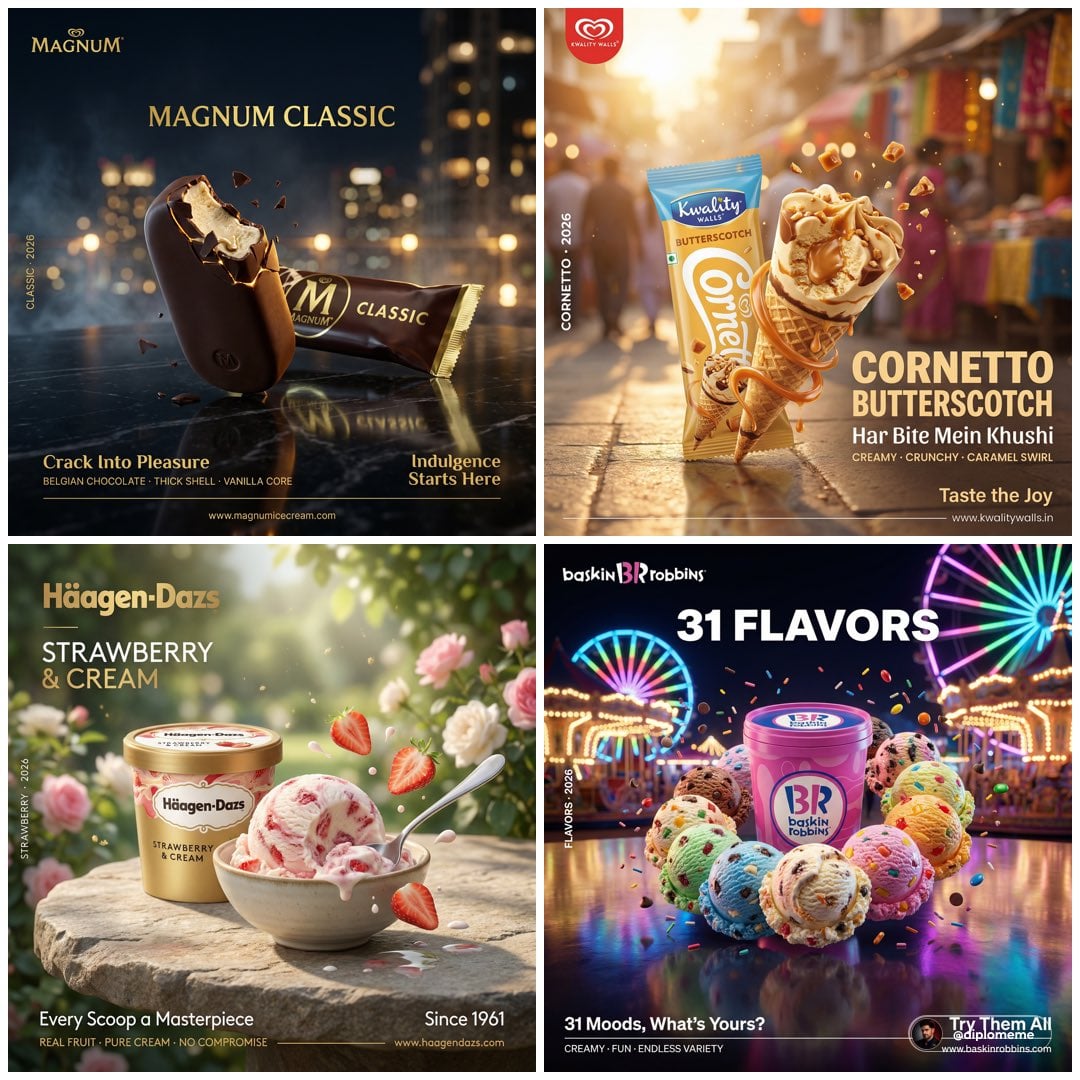Hyper-realistic professional FMCG ice cream commercial ad poster. Magnu…