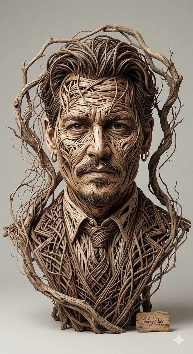 Organic sculptural portrait art made entirely from intertwined dried vi…