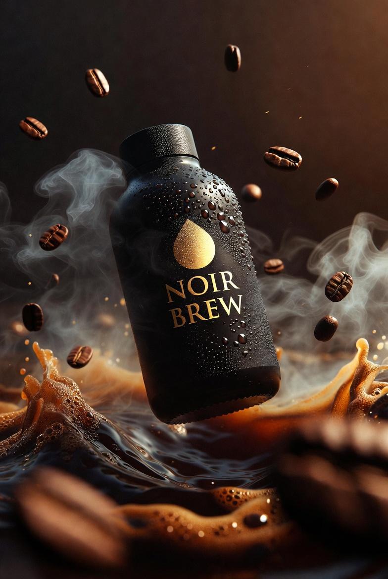 Ultra-cinematic premium coffee bottle labeled “NOIR BREW”, matte black …