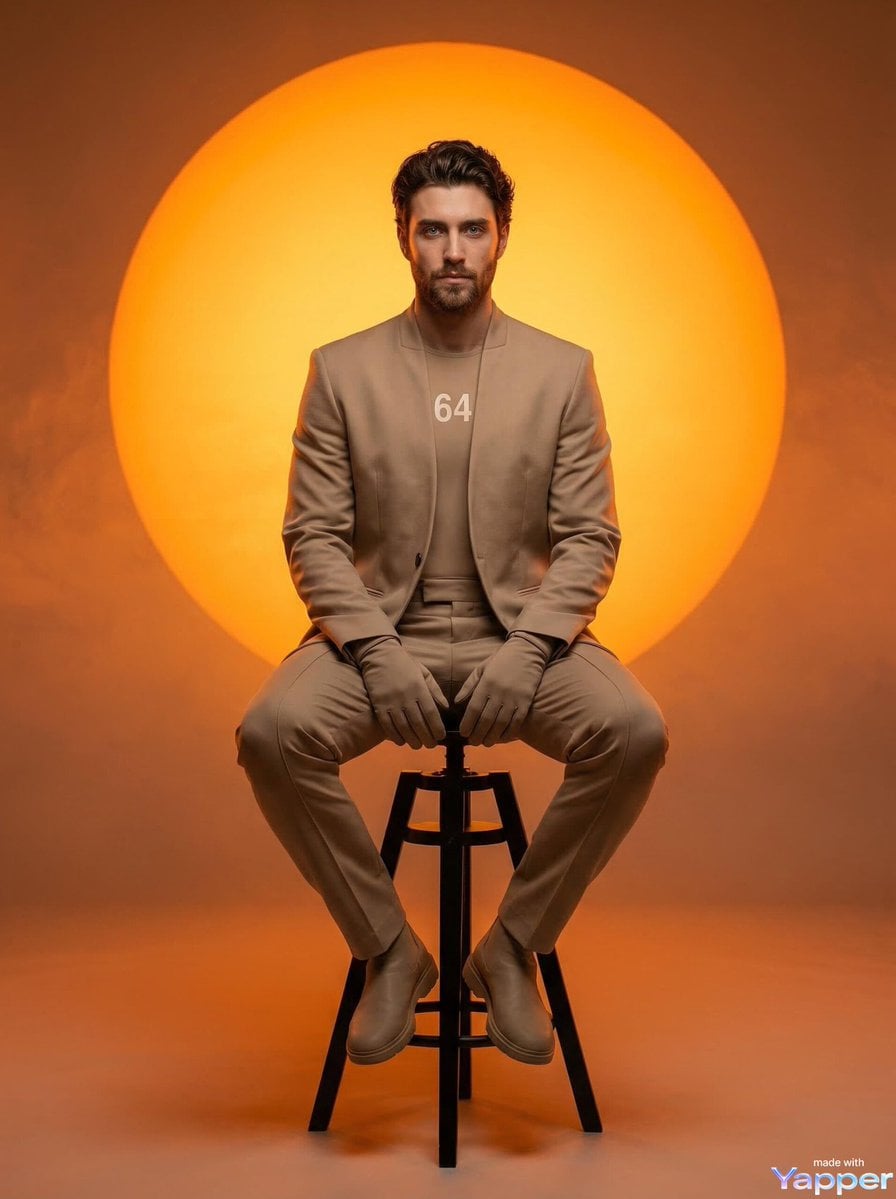 A man with short curly hair and light facial hair sitting on a tall bla…