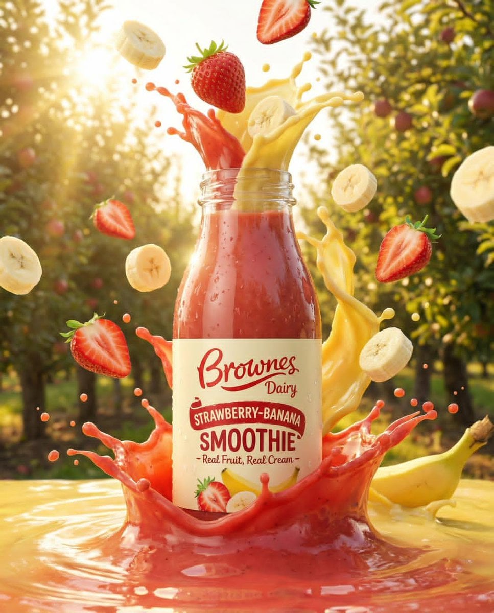 Ultra-realistic product ad of a premium fruit drink bottle, dynamic liq…