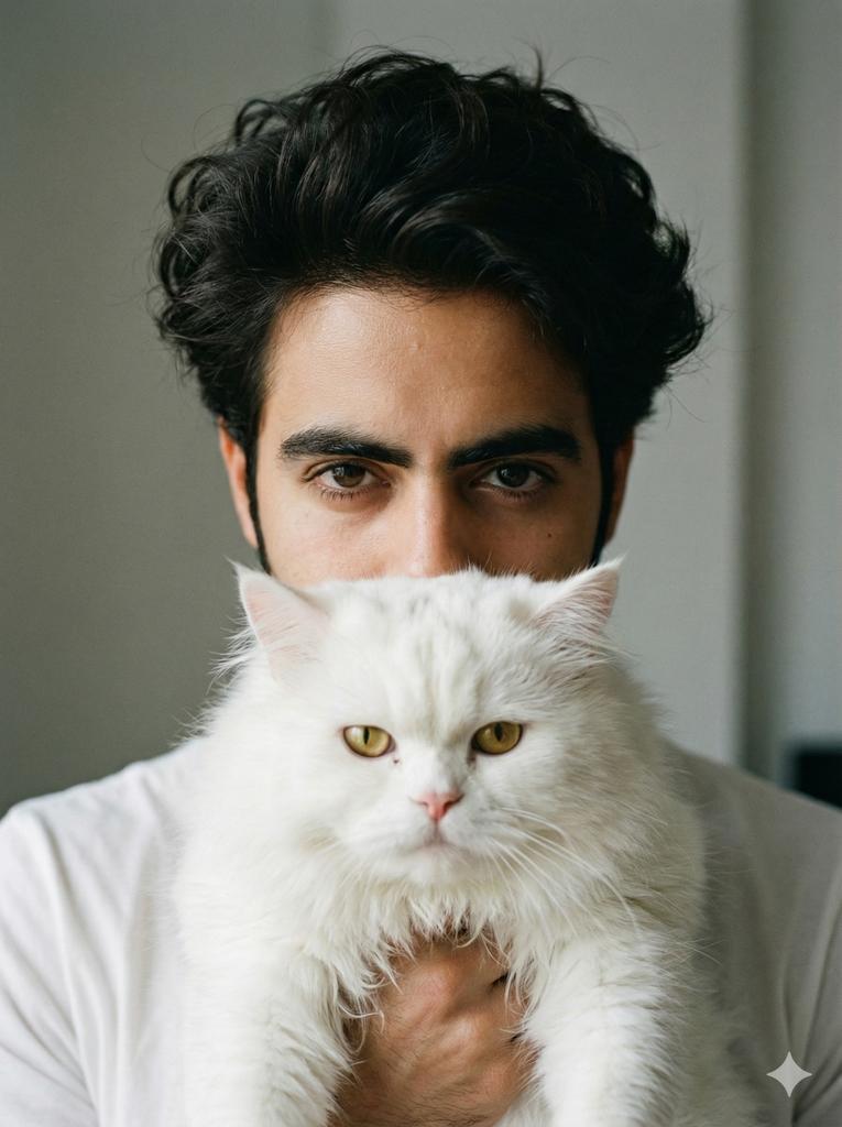 Close-up portrait of a young man Noor with long messy, voluminous dark …