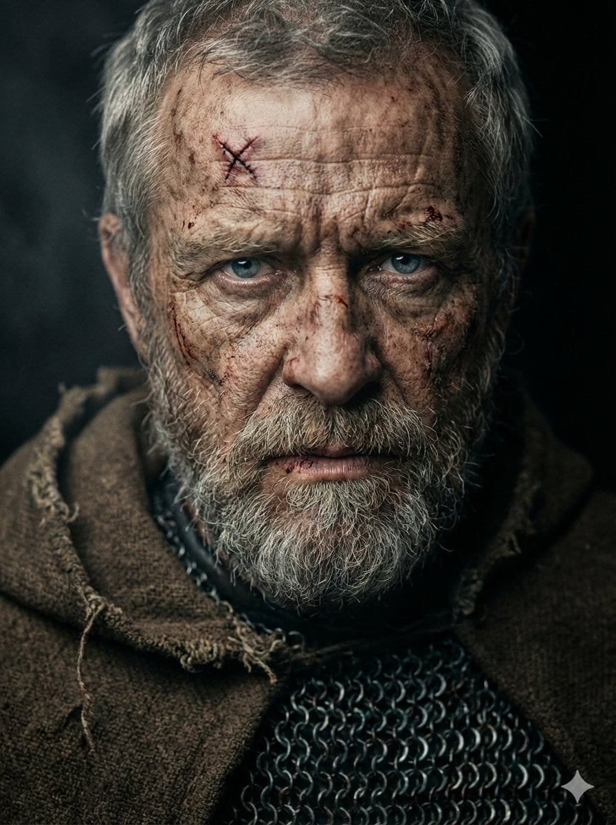 A hyper-realistic, cinematic close-up portrait of a battle-hardened, el…